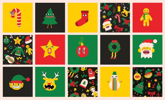Feliz Navidad y Feliz Año Nuevo 2023 Vector ilustraciones abstractas de moda de tarjeta navideña con ciervos de santa claus formas geométricas locas árbol de navidad y corona para cartel