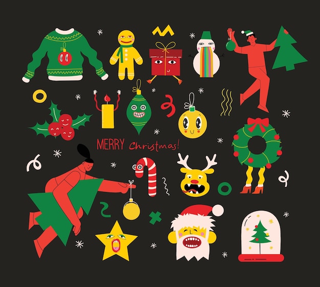 Feliz Navidad y Feliz Año Nuevo 2023 Vector ilustraciones abstractas de moda de tarjeta navideña con ciervos de santa claus formas geométricas locas árbol de navidad y corona para cartel