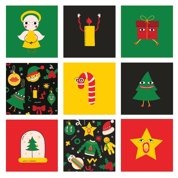 Feliz navidad y feliz año nuevo 2023 vector ilustraciones abstractas de moda de tarjeta navideña con ciervos de santa claus formas geométricas locas árbol de navidad y corona para cartel