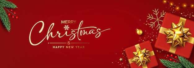 Feliz Navidad y Feliz Año Nuevo 2025 caja de regalos de color rojo cinta dorada ornamentos de Navidad pancarta