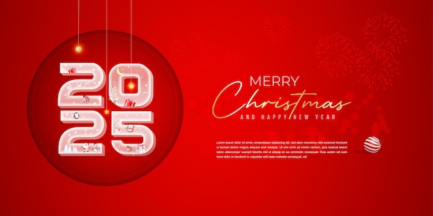 Feliz Navidad y Feliz Año Nuevo 2025 Número transparente 2015 suspendido en círculo sobre fondo rojo