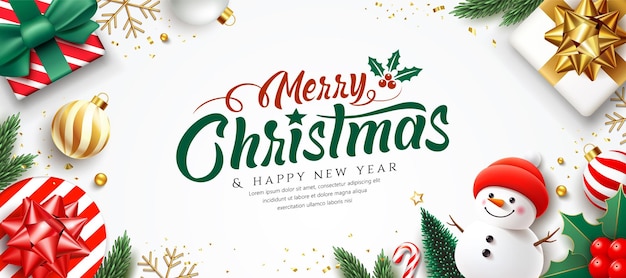 Feliz Navidad y Feliz Año Nuevo adornos muñeco de nieve y caja de regalos diseño de cartón de felicitación