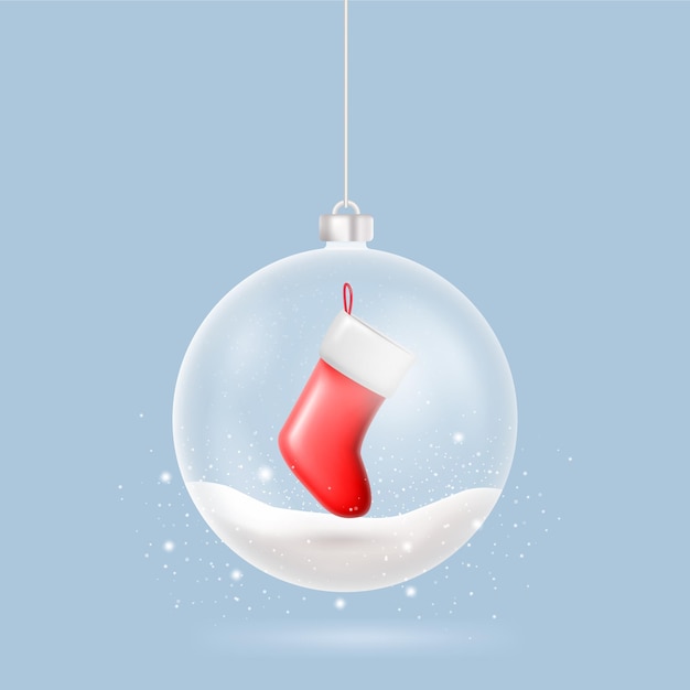 Vector feliz navidad y feliz año nuevo adornos navideños bolas transparentes de vidrio con bota de santa dentro vector de fondo festivo de navidad