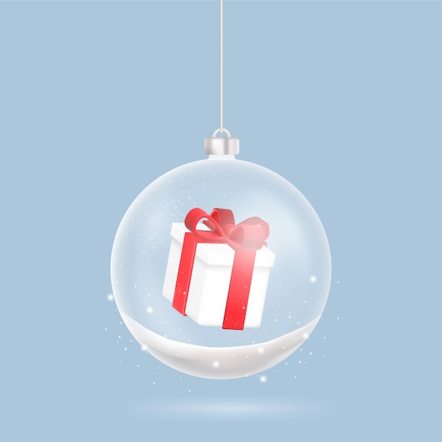 Feliz Navidad y feliz año nuevo adornos navideños bolas transparentes de vidrio con un regalo dentro vector de fondo festivo de Navidad
