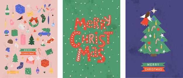 Feliz Navidad y Feliz Año Nuevo Árbol de Navidad y decoraciones Cita dibujada a mano para tarjetas de impresión decoración diseño estacional