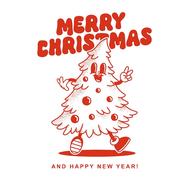 Feliz Navidad y Feliz Año Nuevo árbol de pino sonriente en el estilo de dibujos animados retro de moda