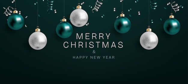 Feliz Navidad y feliz año nuevo bandera esfera de color verde y plata copos de nieve confeti cayendo