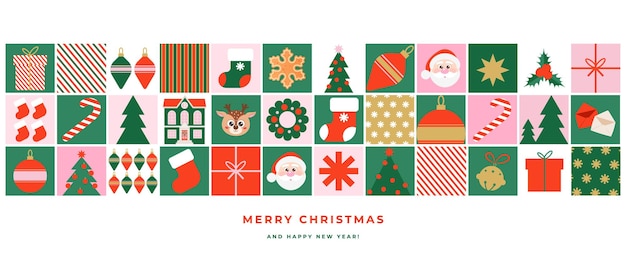 Feliz Navidad Feliz Año Nuevo bandera de saludos Xmas fondo con íconos simples en estilo geométrico