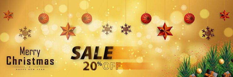 Feliz Navidad Feliz año nuevo banner 20off con estrellas doradas y caja de regalo Vector Premium