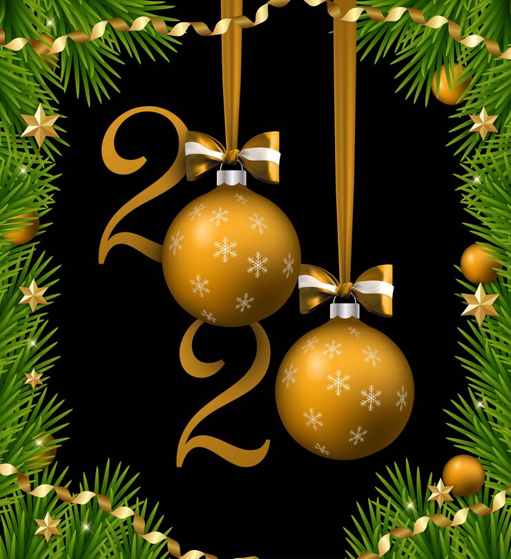 Feliz Navidad y feliz año nuevo banner con bolas y cintas y arcos. Borde del árbol de Navidad con adornos dorados.