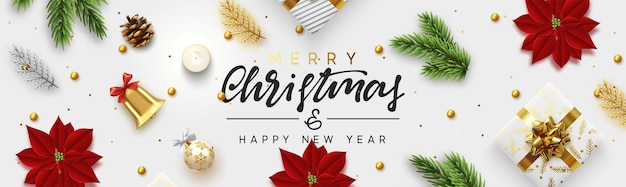 Feliz Navidad y Feliz año nuevo. Banner horizontal, encabezado para el sitio web, póster web. Diseño de fondo festivo de Navidad. Objetos de decoración 3D realistas. ornamento tradicional. ilustración vectorial