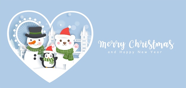 Feliz navidad y feliz año nuevo banner con lindo santa y amigos.