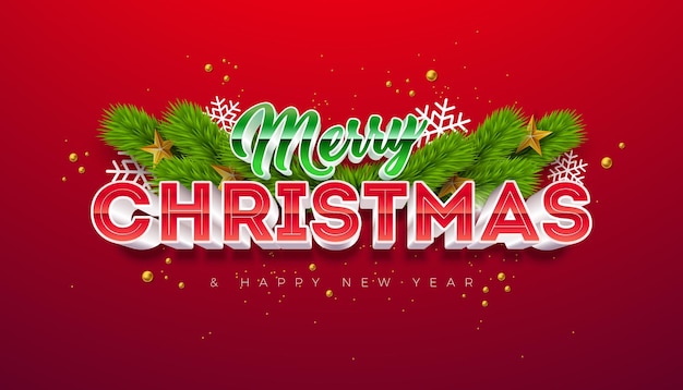 Feliz Navidad y Feliz Año Nuevo Banner con rama de abeto y letra de tipografía 3d en fondo rojo