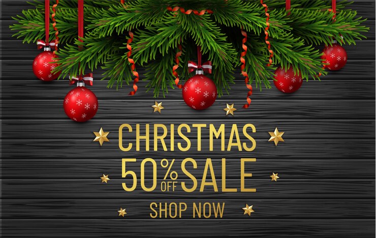 Feliz Navidad y feliz año nuevo banner de venta. Borde del árbol de Navidad con adornos dorados en madera negra