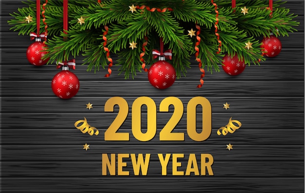 Feliz Navidad y feliz año nuevo banner de venta. Borde del árbol de Navidad con adornos dorados sobre fondo de madera negra. Folleto de negocios