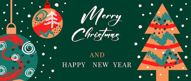 Feliz Navidad y Feliz Año Nuevo Banner web de saludos Diseño artístico moderno de Navidad con bolas de árbol de Navidad y nieve