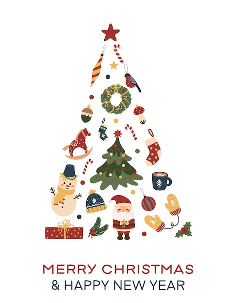 Feliz Navidad y Feliz Año Nuevo Belleza festiva con regalos de muñeco de nieve de Papá Noel árboles iconos navideños Ideales para tarjetas de felicitación carteles portadas navideñas pancartas y volantes