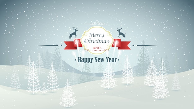 Feliz Navidad y feliz año nuevo bosque paisaje invernal con nevadas y fuegos artificiales ilustración