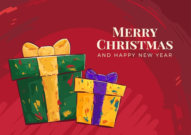 Feliz Navidad y feliz año nuevo caja de regalos con carta de felicitación de estilo pintado a mano
