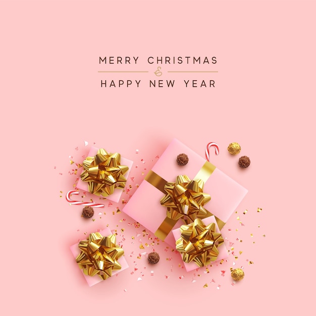 Feliz navidad. Feliz año nuevo. Cajas de regalo rosas realistas, confeti dorado brillante, dulces redondos de chocolate en papel de aluminio, bastón dulce. regalo de navidad. endecha plana, vista superior. Fondo festivo. ilustración vectorial