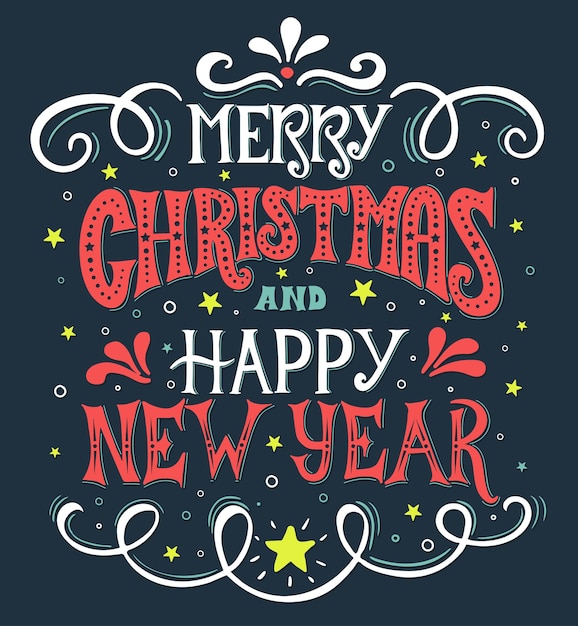 Feliz Navidad y feliz año nuevo caligrafía vintage. Letras escritas a mano.