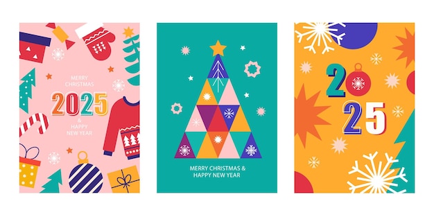 Feliz Navidad y Feliz Año Nuevo cartel de felicitaciones conjunto moderno ilustración vectorial colorida