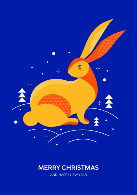 Feliz navidad y feliz año nuevo cartel o tarjeta de felicitación zodíaco chino símbolo de conejo liebre en bosque de invierno entre ventisqueros y nieve año nuevo lunar ilustración vectorial en minimalismo geométrico