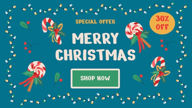 Feliz Navidad, feliz año nuevo, cartel de promoción de ventas, página web o plantilla de banner con guirnaldas de velas