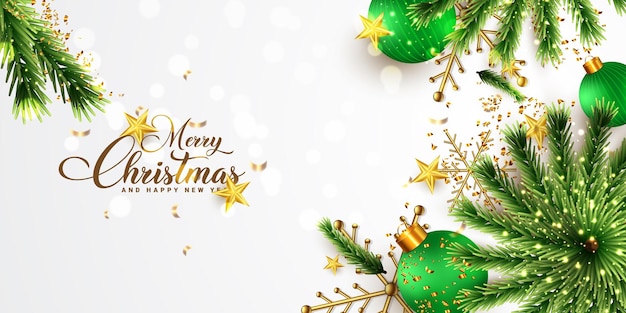 Feliz Navidad y Feliz Año Nuevo celebración diseño de pancarta de color verde realista y elemento de Xmas