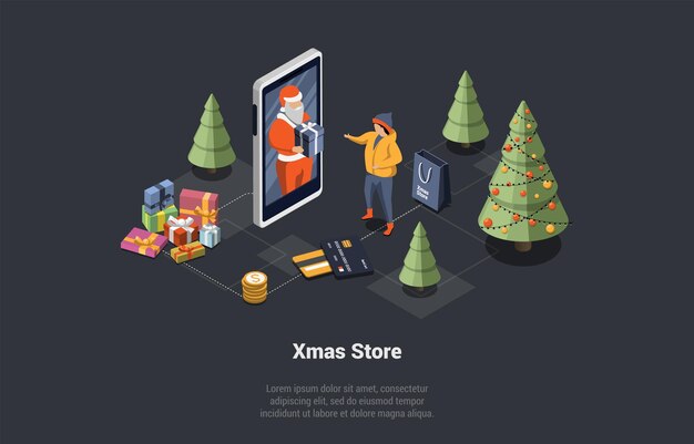 Feliz navidad y feliz año nuevo celebrando el concepto feliz papá noel está dando un regalo virtual a un niño en una videollamada en el teléfono inteligente tienda de juguetes de navidad en línea ilustración vectorial 3d isométrica