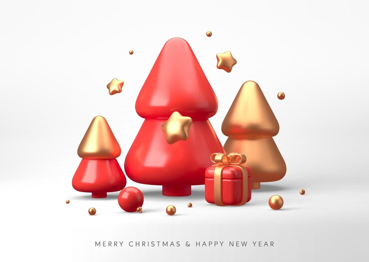 Vector feliz navidad y feliz año nuevo composición festiva fondo colorido de navidad con árboles 3d realistas y cajas de regalo ilustración vectorial