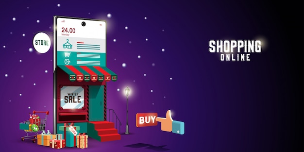 Feliz Navidad y Feliz Año Nuevo de compras en línea en el concepto de noche de invierno cubierto de nieve