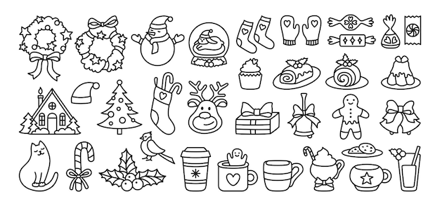 Feliz Navidad, feliz año nuevo, conjunto de elementos de símbolos, ilustraciones de dibujos animados de Navidad, signos de dibujo, íconos vectoriales.