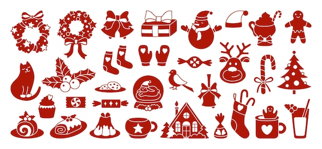 Feliz Navidad, feliz año nuevo, conjunto de elementos de símbolos, ilustraciones de dibujos animados de Navidad, signos gráficos, iconos vectoriales.