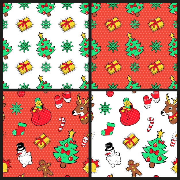 Feliz Navidad y feliz año nuevo conjunto de patrones sin fisuras con regalos de árbol de Navidad y renos. Papel de regalo de vacaciones de invierno. antecedentes