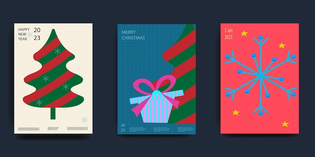 Feliz navidad y feliz año nuevo conjunto de tarjetas de felicitación, carteles, cubiertas navideñas, diseño moderno de navidad en colores azul, verde, rojo, regalos de bolas de árbol de navidad