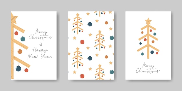 Feliz Navidad y Feliz Año Nuevo conjunto de tarjetas de felicitación modernas plantilla de vacaciones de invierno para diseño decoración artesanal ecológica texto de letras a mano