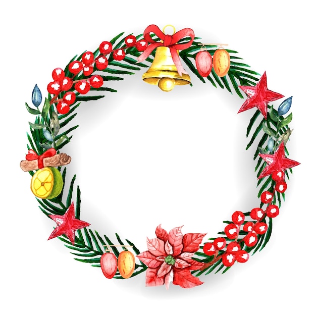Feliz Navidad y feliz año nuevo corona de acuarela con bulbo naranja de poinsettia de estrella de cereza de campana