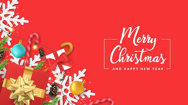 Feliz Navidad y feliz año nuevo con decoración 3d sobre fondo rojo.