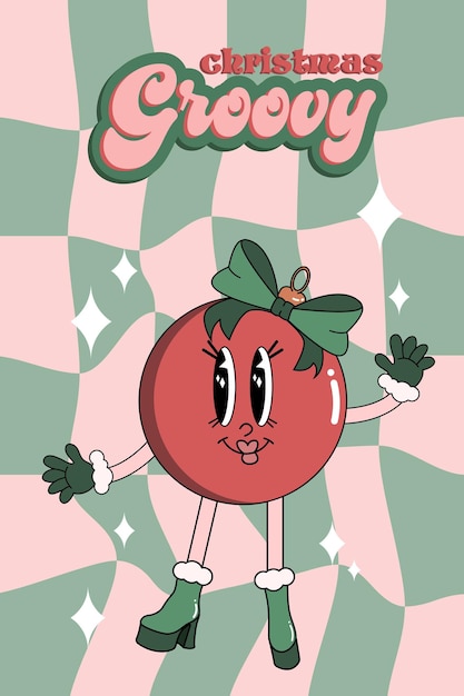 Feliz Navidad y Feliz Año Nuevo dibujos animados personajes cómicos funky en el estilo retro groovy de moda