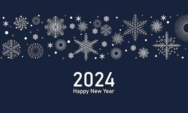 Feliz Navidad y Feliz Año Nuevo diseño festivo con borde hecho de hermosos copos de nieve en estilo de arte de línea moderno Fondo azul de invierno con nieve que cae y fuegos artificiales Decoración de Navidad