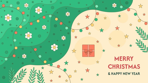 Feliz Navidad y Feliz Año Nuevo diseño de fondo con flores hojas estrellas luces y un regalo