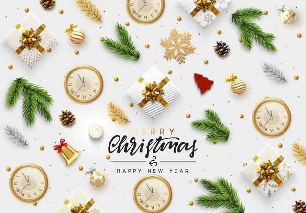 Feliz Navidad y Feliz año nuevo. Diseño de fondo de Navidad festivo. Objetos de decoración 3D realistas. Ilustración vectorial tradicional.