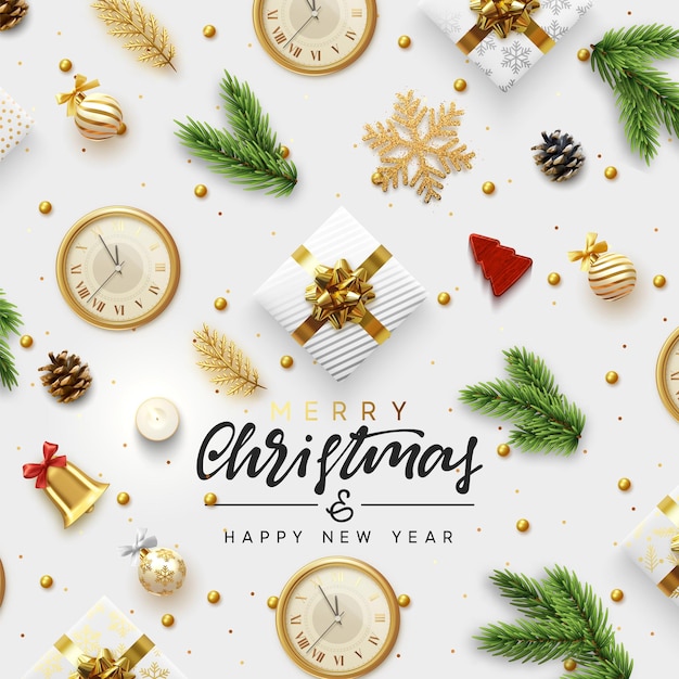 Feliz Navidad y Feliz año nuevo. Diseño de fondo de Navidad festivo. Objetos de decoración 3D realistas. Ilustración vectorial tradicional.