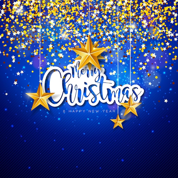 Feliz Navidad y Feliz Año Nuevo Diseño con letra de tipografía recortada y confeti brillante