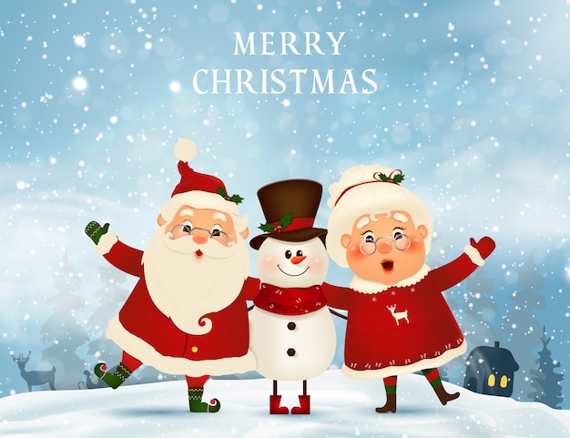 Feliz Navidad. Feliz año nuevo. Divertido Santa Claus con linda Sra. Claus, muñeco de nieve en Navidad escena de nieve paisaje de invierno. Sra. Claus juntos. personaje de dibujos animados de Santa Claus y su esposa