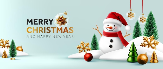 Feliz Navidad y Feliz Año Nuevo Escena de Invierno con Hombre de Nieve