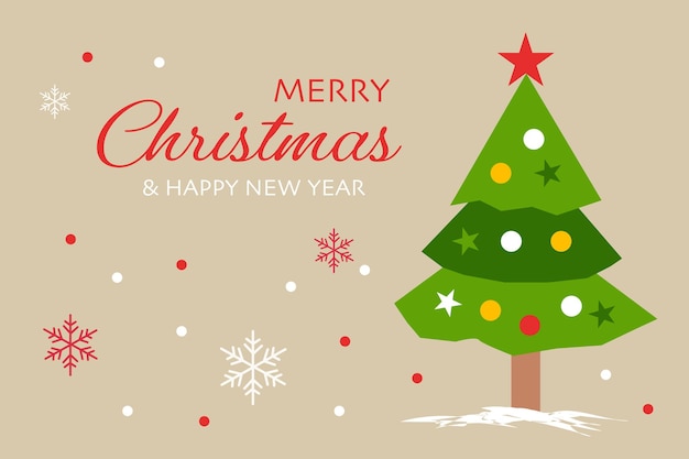 Feliz Navidad y Feliz Año Nuevo fiesta de felicitación con estrella de árbol y copos de nieve
