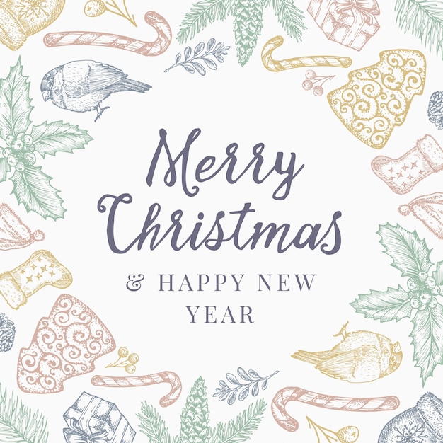 Feliz Navidad y feliz año nuevo fondo abstracto, invitación o tarjeta de felicitación con tipografía retro.