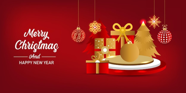 Feliz Navidad y feliz año nuevo fondo con adornos y podio